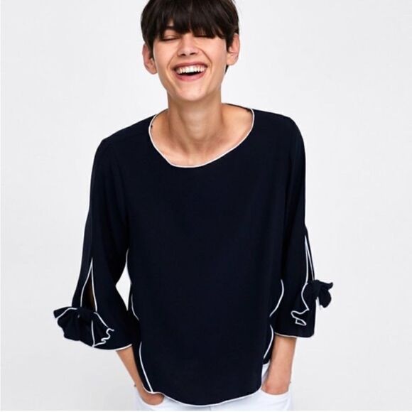Zara Navy & White Contrast Piping Bow Long Sleeve Blouse - Size XS - Picture 6 of 7